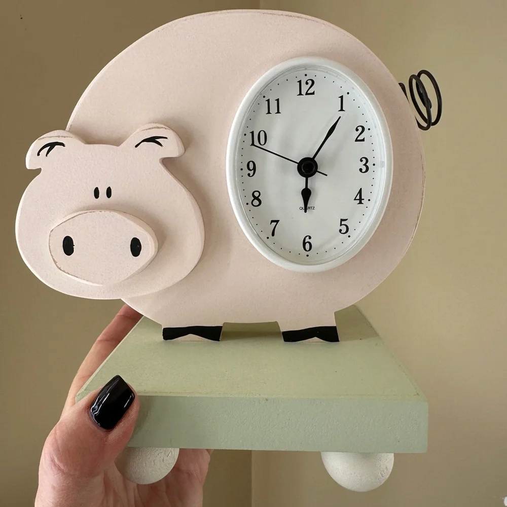 Wish Upon a Star Wooden Pink Piggy Clock on Green Stand